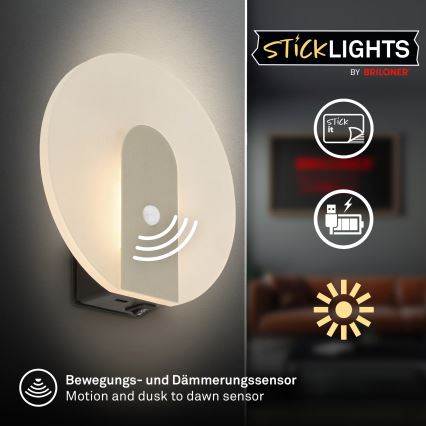 Briloner 3889012 - LED laetav seinavalgusti liikumis- ja hämarusanduriga TARO LED/2,5W/5V 1800 mAh mattkroom