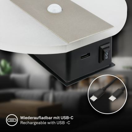 Briloner 3889012 - LED laetav seinavalgusti liikumis- ja hämarusanduriga TARO LED/2,5W/5V 1800 mAh mattkroom