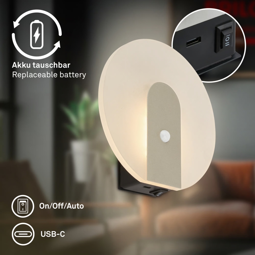 Briloner 3889012 - LED laetav seinavalgusti liikumis- ja hämarusanduriga TARO LED/2,5W/5V 1800 mAh mattkroom