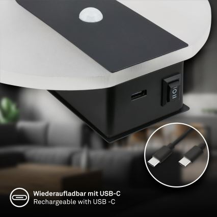 Briloner 3889015 - LED laetav seinavalgusti liikumis- ja hämarussensoriga TARO LED/2,5W/5V 1800 mAh must