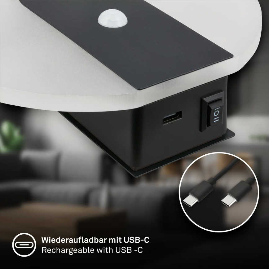 Briloner 3889015 - LED laetav seinavalgusti liikumis- ja hämarussensoriga TARO LED/2,5W/5V 1800 mAh must