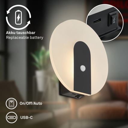 Briloner 3889015 - LED laetav seinavalgusti liikumis- ja hämarussensoriga TARO LED/2,5W/5V 1800 mAh must