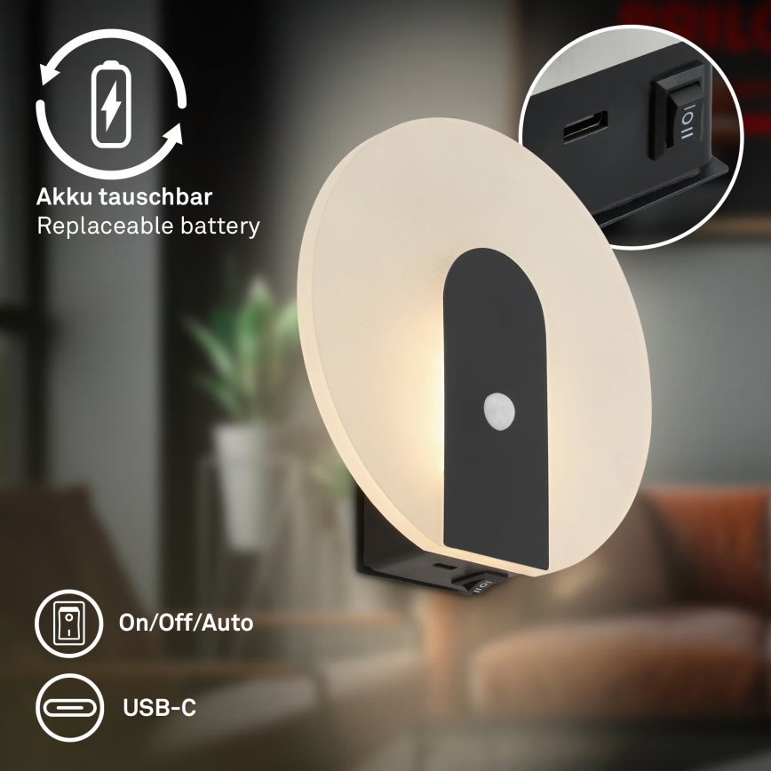 Briloner 3889015 - LED laetav seinavalgusti liikumis- ja hämarussensoriga TARO LED/2,5W/5V 1800 mAh must