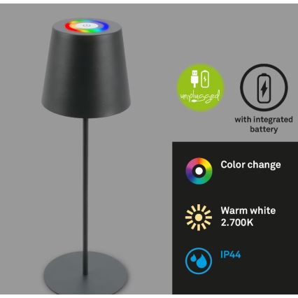 Briloner 7507015 - LED RGB Hämardatav laetav väli laualamp 2in1 LED/2,5W/5V IP44 antratsiit