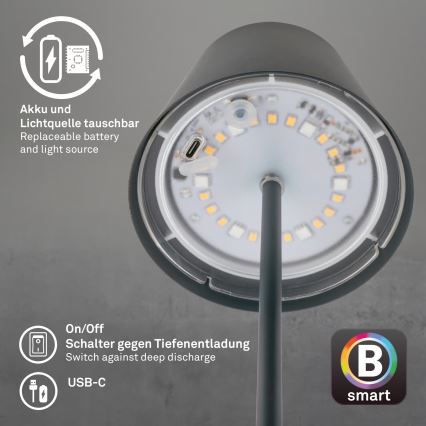 Briloner 7559015 - COLORIS LED RGB hämardatav laetav välilaualamp LED/3,5W/5V IP44 2000 mAh antratsiit Wi-Fi Tuya