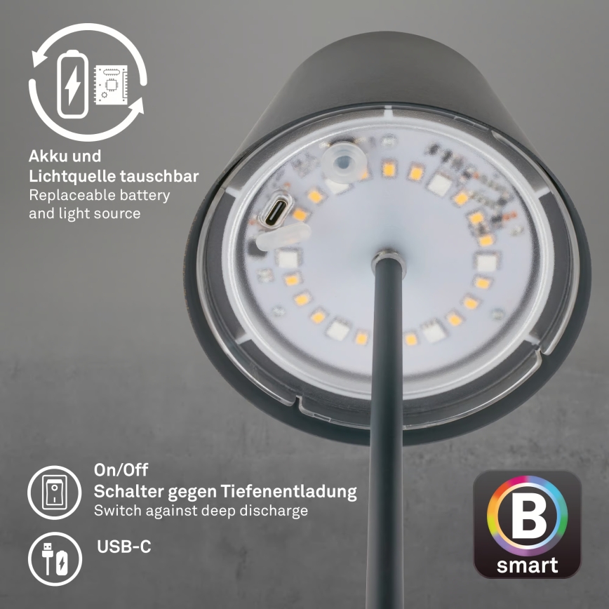 Briloner 7559015 - COLORIS LED RGB hämardatav laetav välilaualamp LED/3,5W/5V IP44 2000 mAh antratsiit Wi-Fi Tuya