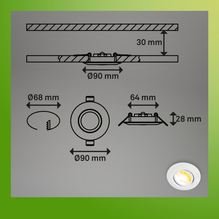 Briloner 7586036 – 3-tk komplekt KLIRA LED vannitoa lae sissepaigaldatavaid valgusteid, 4,9 W, 230 V, 2500/3000/4000 K, IP23, valge