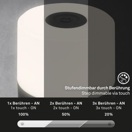 Briloner - LED-hämardatav, laetav, puutetundlik välistingimustes kasutatav laualamp LED/2W/5V 2700K IP44 1200 mAh must