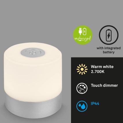 Briloner - hämardatav, laetav, puutetundlik välistingimustes kasutatav laualamp LED/2W/5V 2700K IP44 1200 mAh matistatud kroom