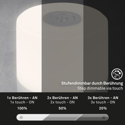 Briloner - hämardatav, laetav, puutetundlik välistingimustes kasutatav laualamp LED/2W/5V 2700K IP44 1200 mAh matistatud kroom