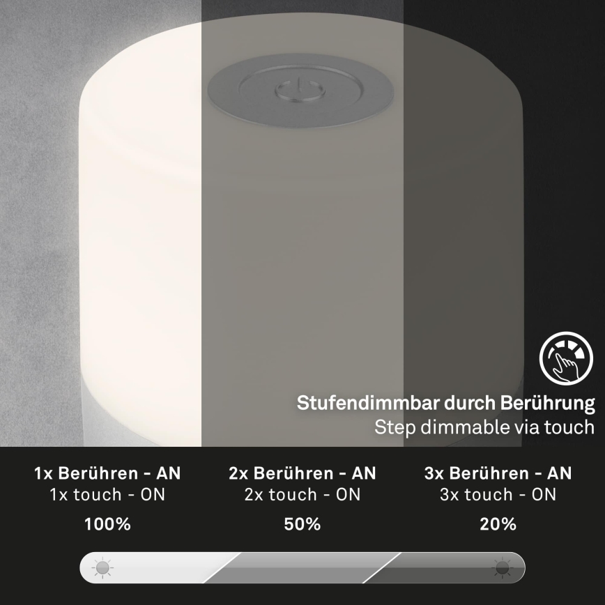 Briloner - hämardatav, laetav, puutetundlik välistingimustes kasutatav laualamp LED/2W/5V 2700K IP44 1200 mAh matistatud kroom