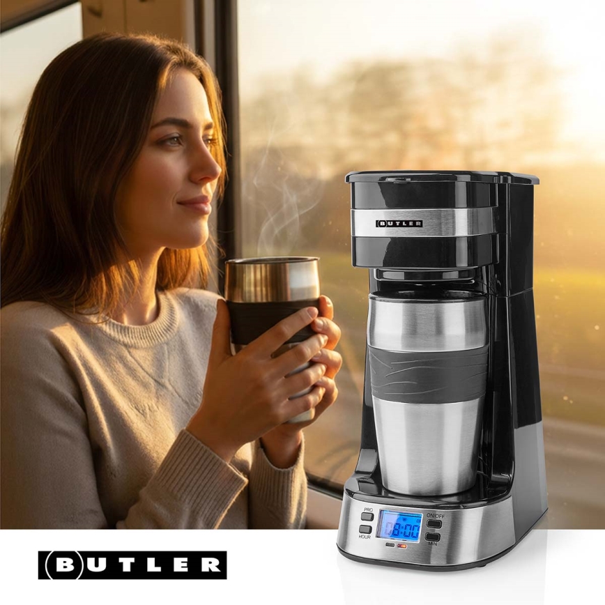 Butler - ühe tassi kohvimasin 0,4 l ajastiga ja reisikruus 750W/230V roostevaba/must