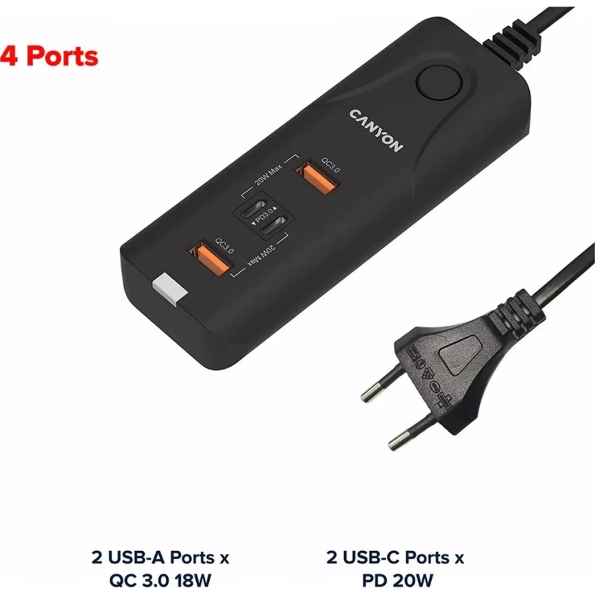 Canyon - Laadija 2xUSB A + 2xUSB C Power Delivery 20W