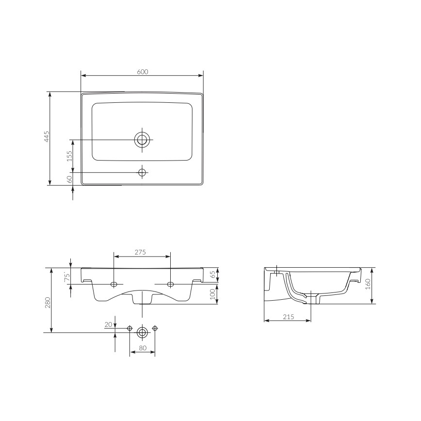 Cersanit K114-006 - Sisseehitatav valamu CREA 44,5x60 cm keraamika/läikiv valge