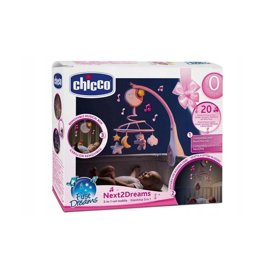 Chicco - Karussell võrevoodile meloodiaga, kolm-ühes NEXT2DREAMS 3xAA roosa