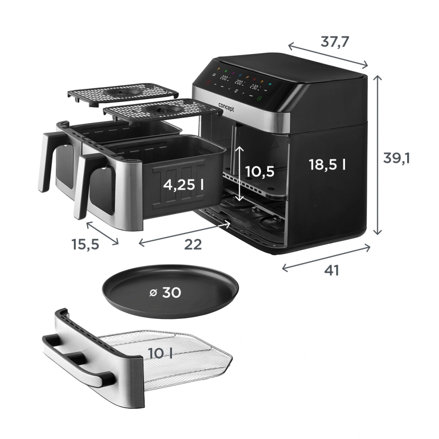 Concept FR9000 - PIZZA TRIO Kuumaõhufritüür 18,5 l, 2700 W/230 V, roostevaba teras/must