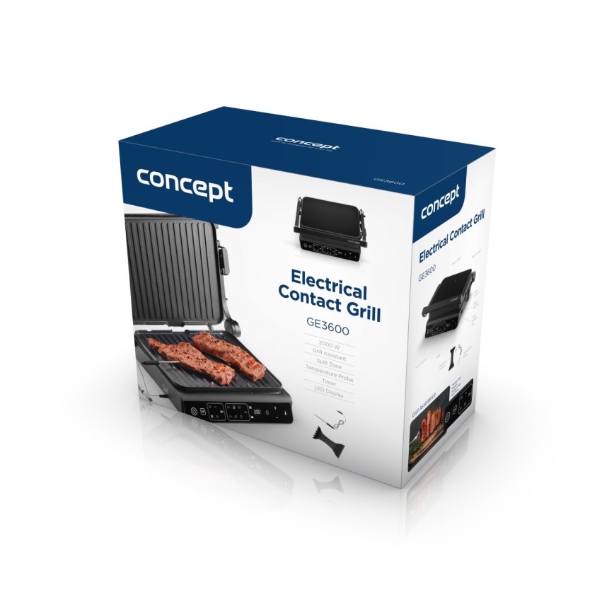 Concept ge3600 - Kontaktgrill temperatuurimõõdikuga GLASS 2000W/230V must
