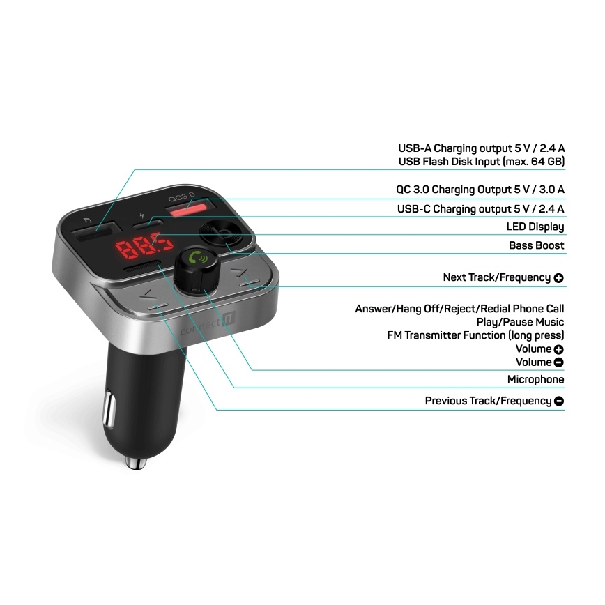 CONNECT IT CCC-8900-AN - FM-saatja autole koos handsfree funktsiooniga must/hõbedane