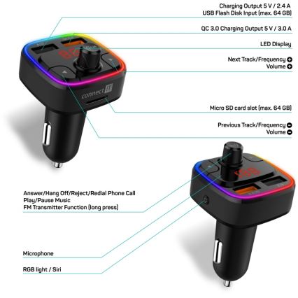 CONNECT IT CCC-9090-BK - LED RGB FM auto raadiosaatja käed-vabad funktsiooniga must