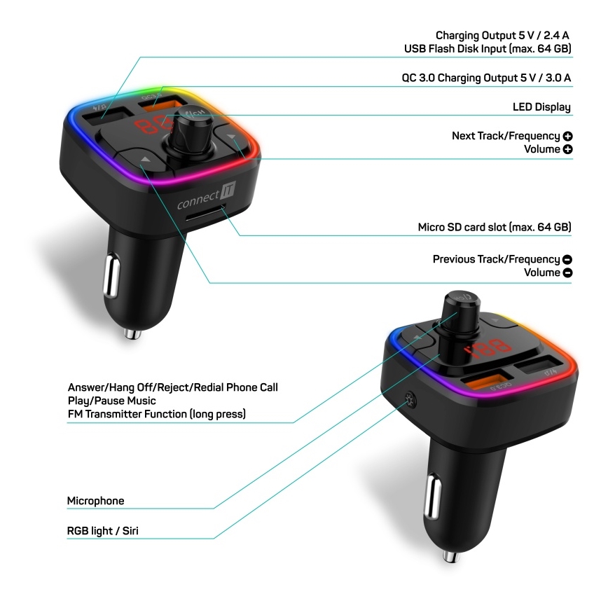 CONNECT IT CCC-9090-BK - LED RGB FM auto raadiosaatja käed-vabad funktsiooniga must
