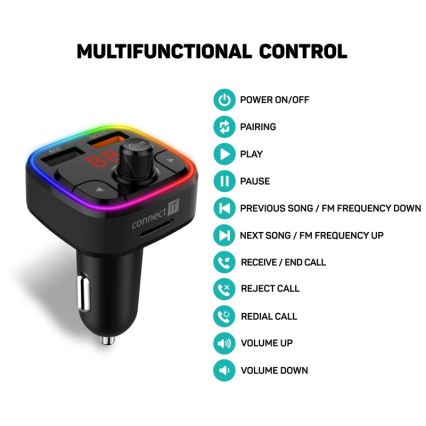 CONNECT IT CCC-9090-BK - LED RGB FM auto raadiosaatja käed-vabad funktsiooniga must
