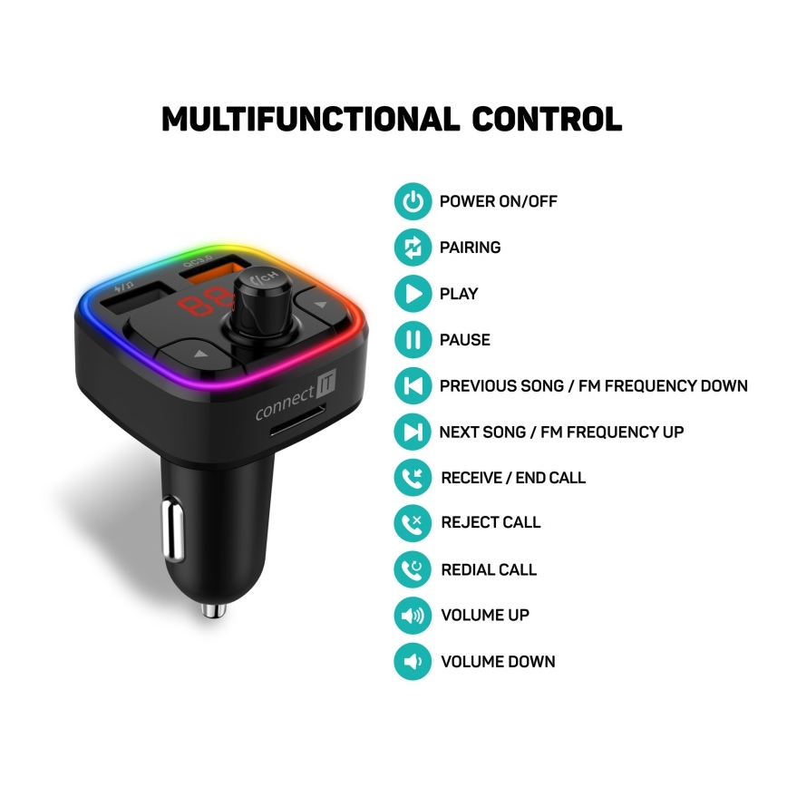 CONNECT IT CCC-9090-BK - LED RGB FM auto raadiosaatja käed-vabad funktsiooniga must