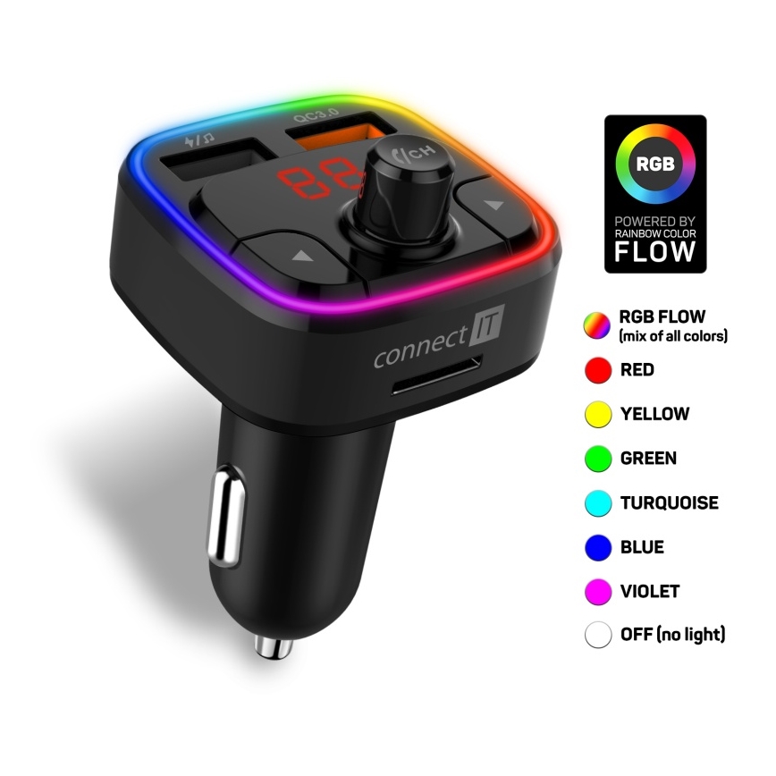 CONNECT IT CCC-9090-BK - LED RGB FM auto raadiosaatja käed-vabad funktsiooniga must