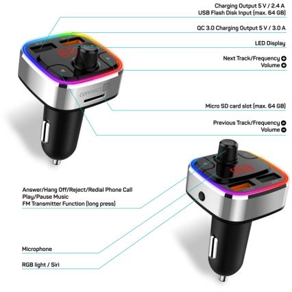 CONNECT IT CCC-9090-SL - LED RGB FM auto raadiosaatja käed-vabad funktsiooniga must/hõbedane