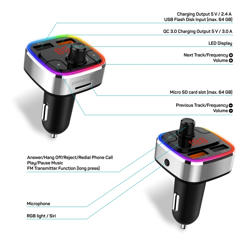 CONNECT IT CCC-9090-SL - LED RGB FM auto raadiosaatja käed-vabad funktsiooniga must/hõbedane