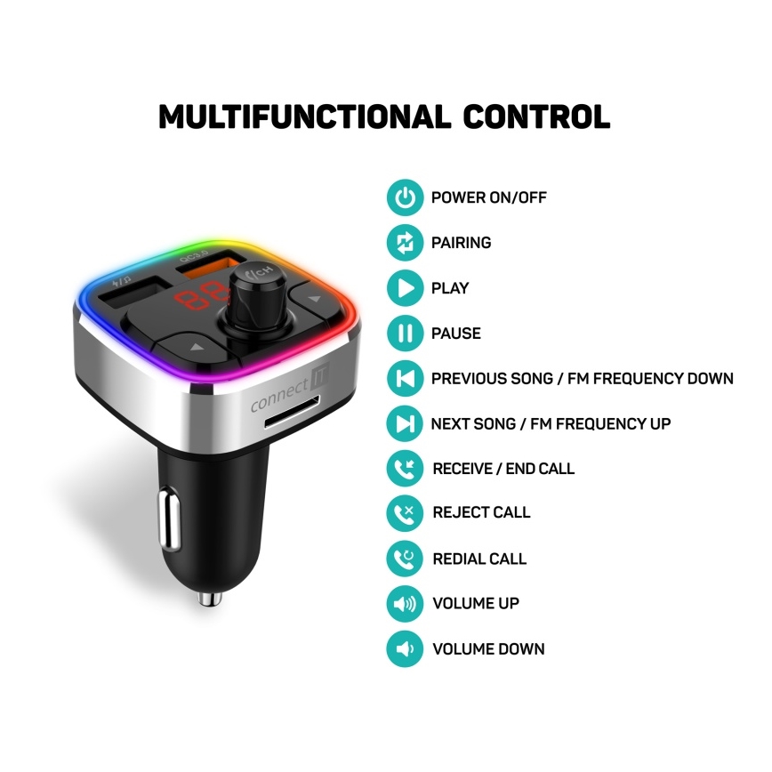 CONNECT IT CCC-9090-SL - LED RGB FM auto raadiosaatja käed-vabad funktsiooniga must/hõbedane