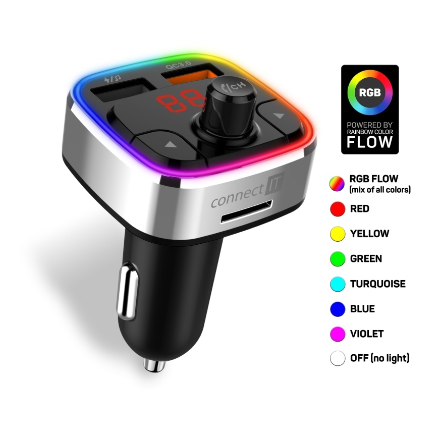 CONNECT IT CCC-9090-SL - LED RGB FM auto raadiosaatja käed-vabad funktsiooniga must/hõbedane