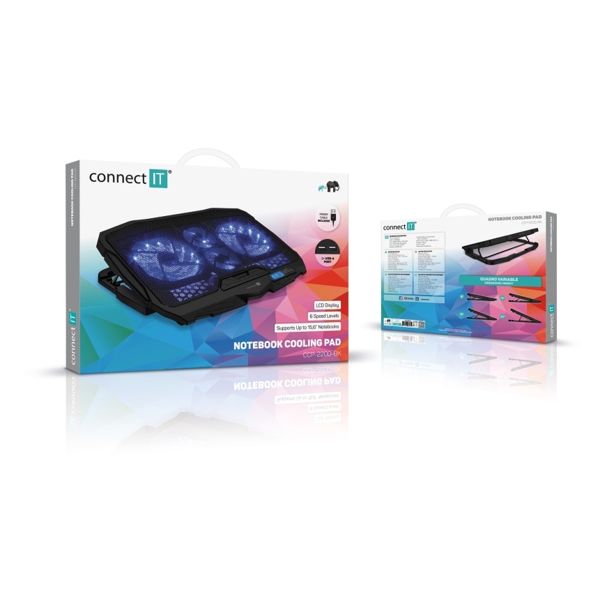 CONNECT IT CCP-2200-BK - Jahutuspadi sülearvutile 4x ventilaator 2xUSB must//sinine