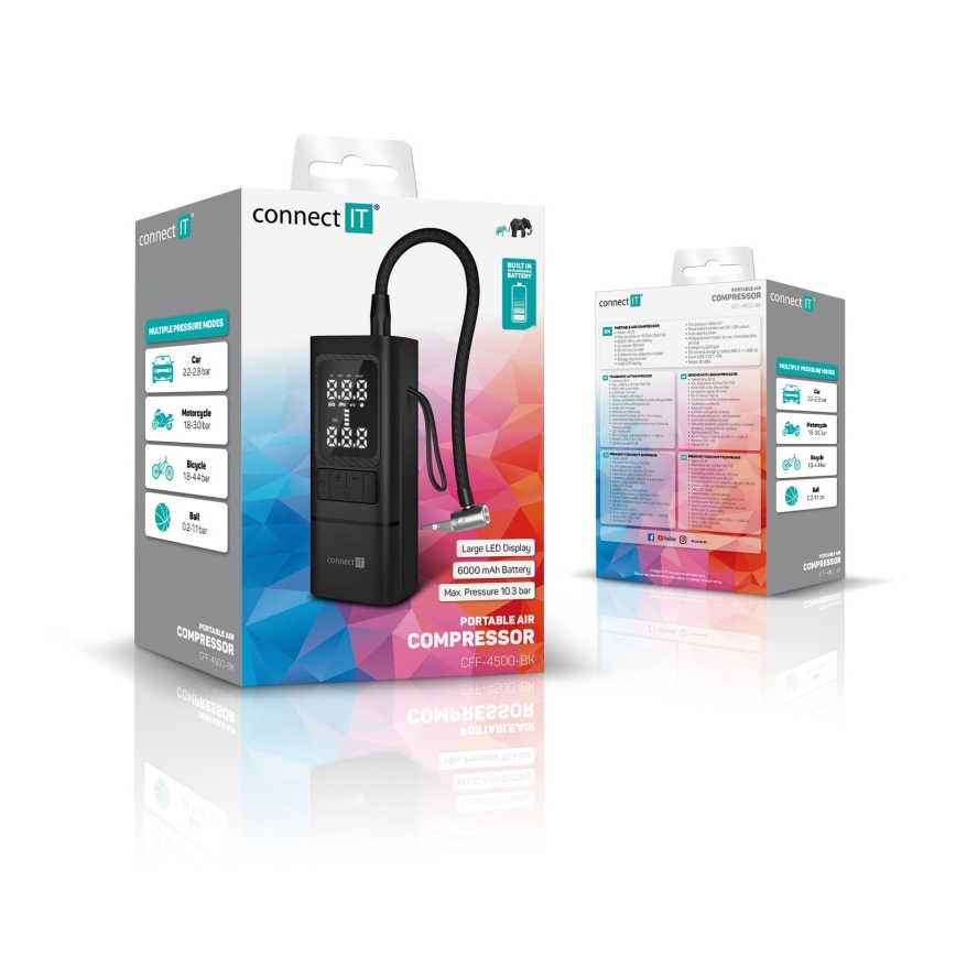 CONNECT IT CFF-4500-BK - AirFlow taskusuuruses digitaalne kompressor 80 W / 6000 mAh, must