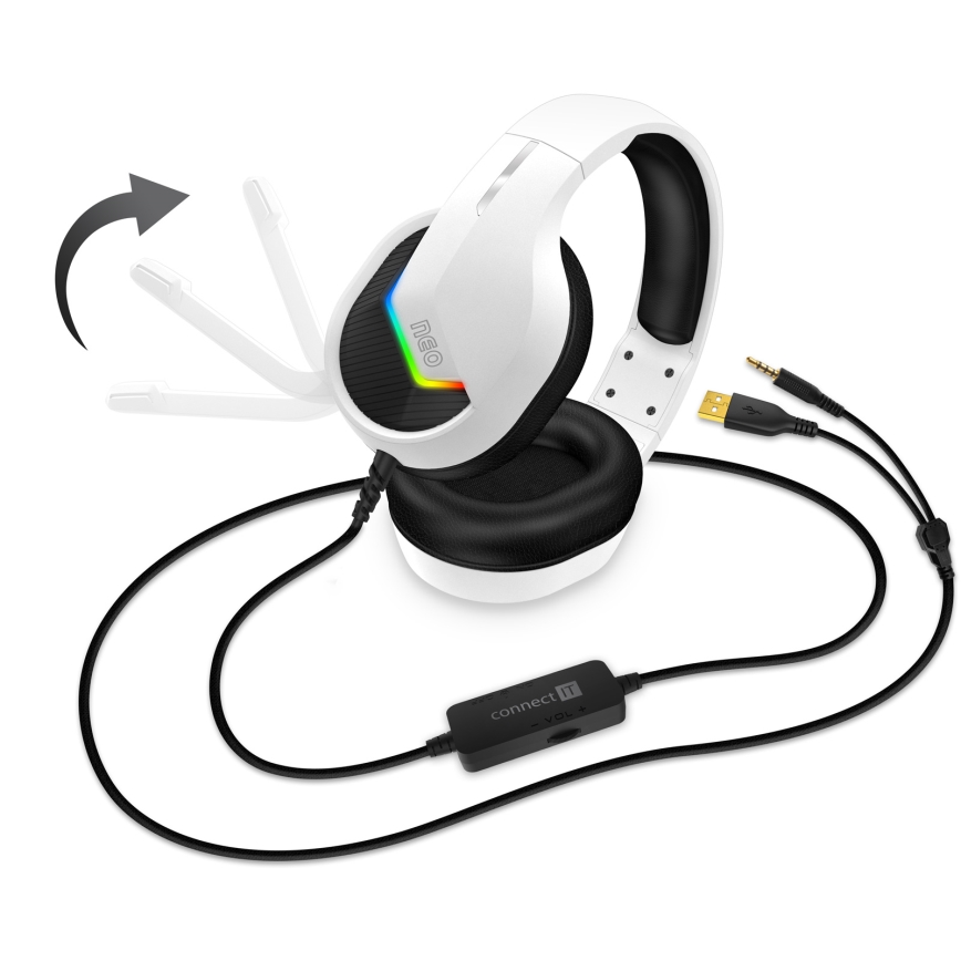 CONNECT IT CHP-3595-WH - LED RGB Juhtmega mänguri kõrvaklapid mikrofoniga valge/must