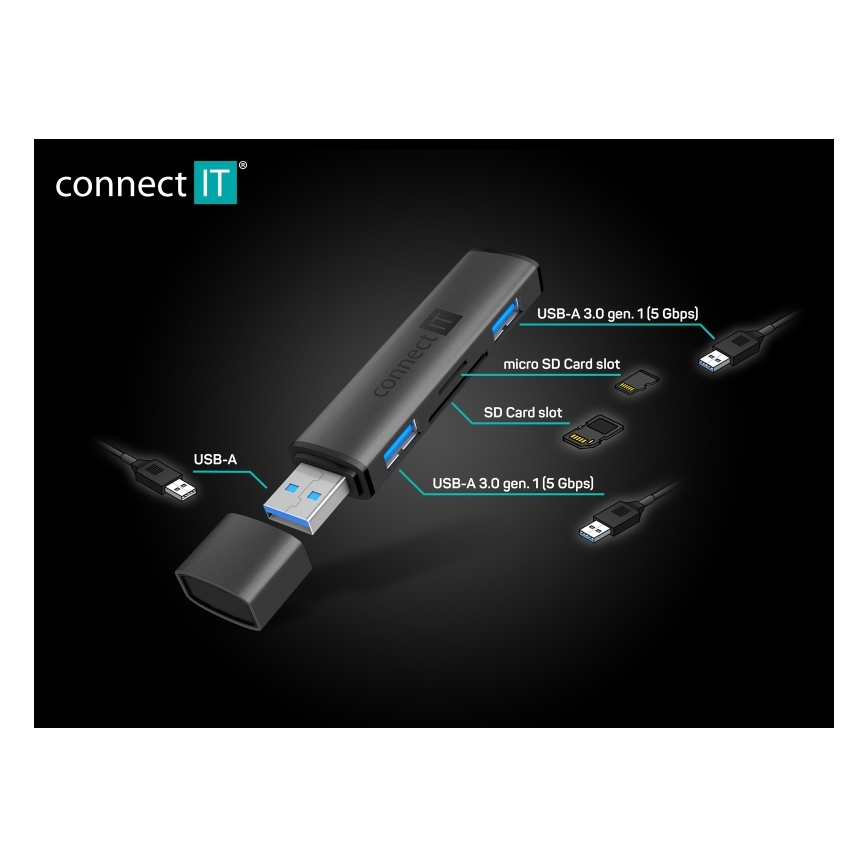 CONNECT IT CHU-4060-AN - USB-A hub mälukaardi lugejaga 4-ühes