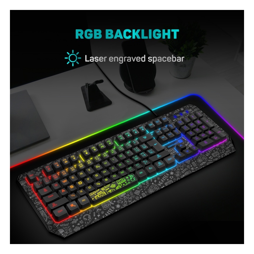 CONNECT IT CKB-3530-DD - LED RGB Juhtmega mänguri klaviatuur CZ/SK lokalisatsiooniga must