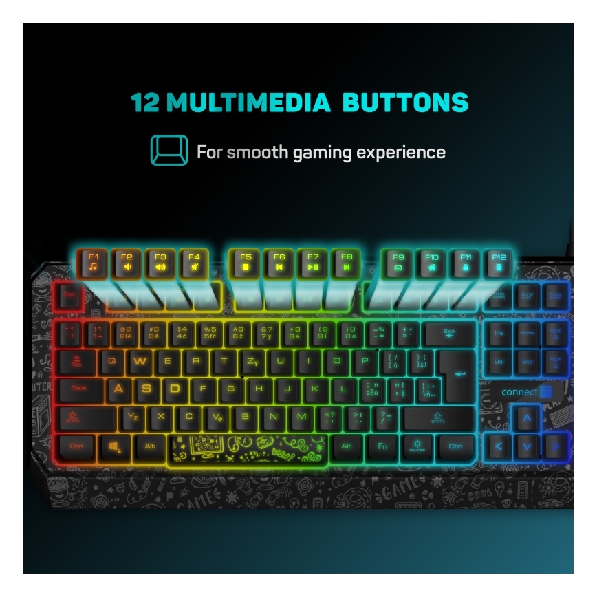 CONNECT IT CKB-3530-DD - LED RGB Juhtmega mänguri klaviatuur CZ/SK lokalisatsiooniga must