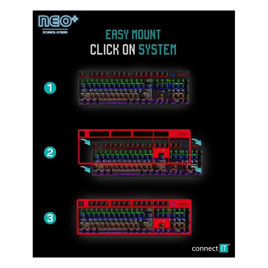 CONNECT IT CKB-3591-CS - LED RGB Juhtmega mänguri klaviatuur CZ/SK lokalisatsiooniga must + punane raam