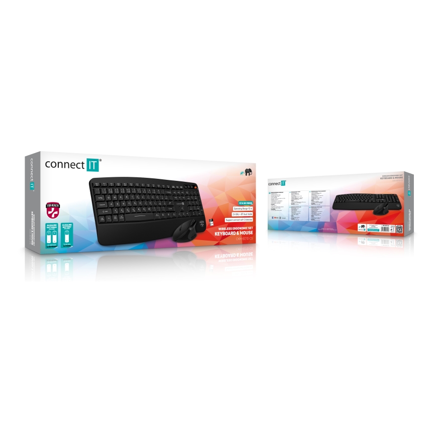 CONNECT IT CKM-6010-CS - Ergonoomiline juhtmevaba klaviatuur ja hiir 800/1200/1600/2400 DPI CZ/SK lokalisatsiooniga 1xAA + 2xAAA must