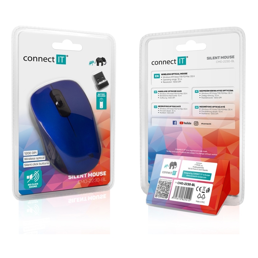 CONNECT IT CMO-2230-BL - Juhtmevaba hääletu hiir MUTE 1200 DPI 1xAA must/sinine