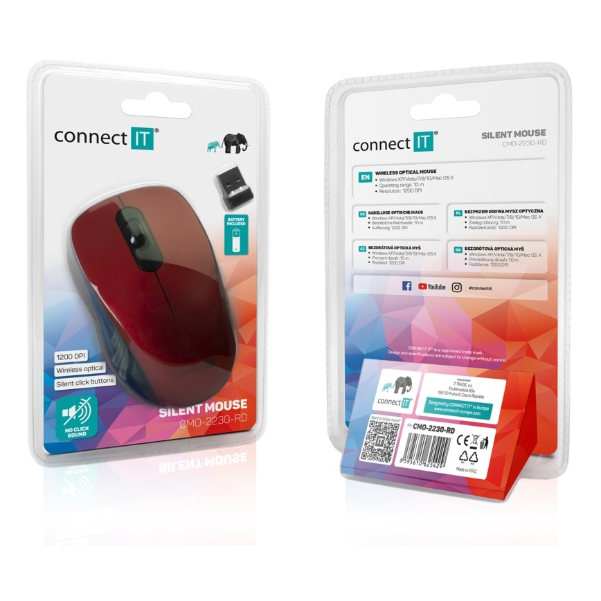 CONNECT IT CMO-2230-RD - Juhtmevaba hääletu hiir MUTE 1200 DPI 1xAA must/punane
