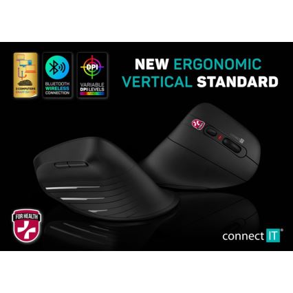 CONNECT IT CMO-2880-BK - Ergonoomiline juhtmevaba hiir Verti TriMode 1000/1600/2400 DPI 2xAAA must