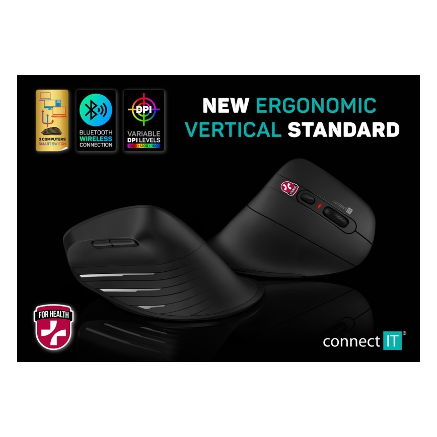 CONNECT IT CMO-2880-BK - Ergonoomiline juhtmevaba hiir Verti TriMode 1000/1600/2400 DPI 2xAAA must