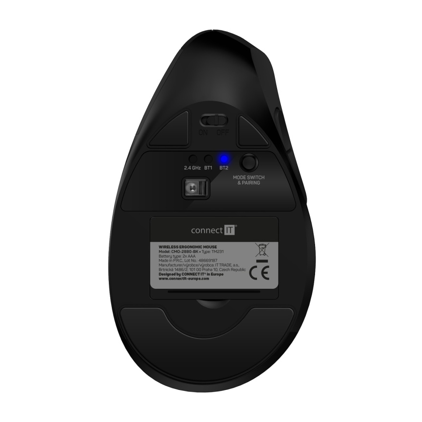 CONNECT IT CMO-2880-BK - Ergonoomiline juhtmevaba hiir Verti TriMode 1000/1600/2400 DPI 2xAAA must