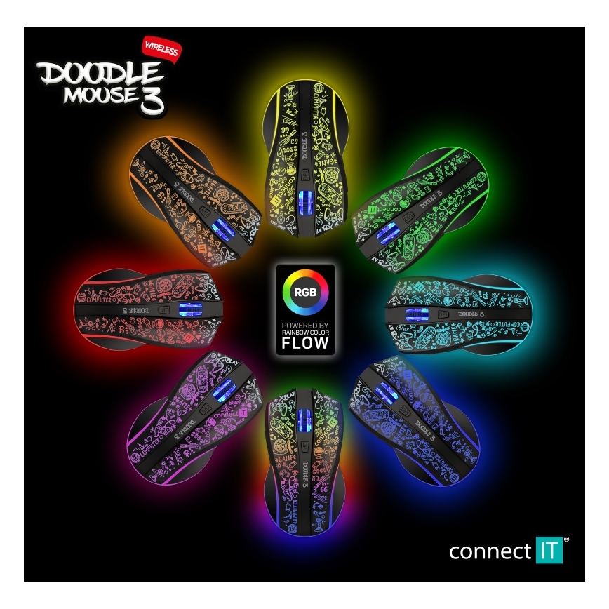 CONNECT IT CMO-3530-DD - LED RGB Juhtmevaba laetav mänguri hiir 800/1200/1600/2400/4800 DPI 600 mAh must