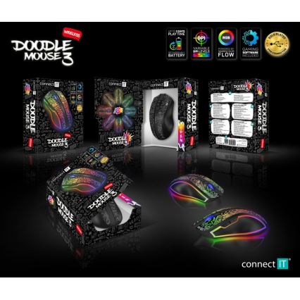 CONNECT IT CMO-3530-DD - LED RGB Juhtmevaba laetav mänguri hiir 800/1200/1600/2400/4800 DPI 600 mAh must