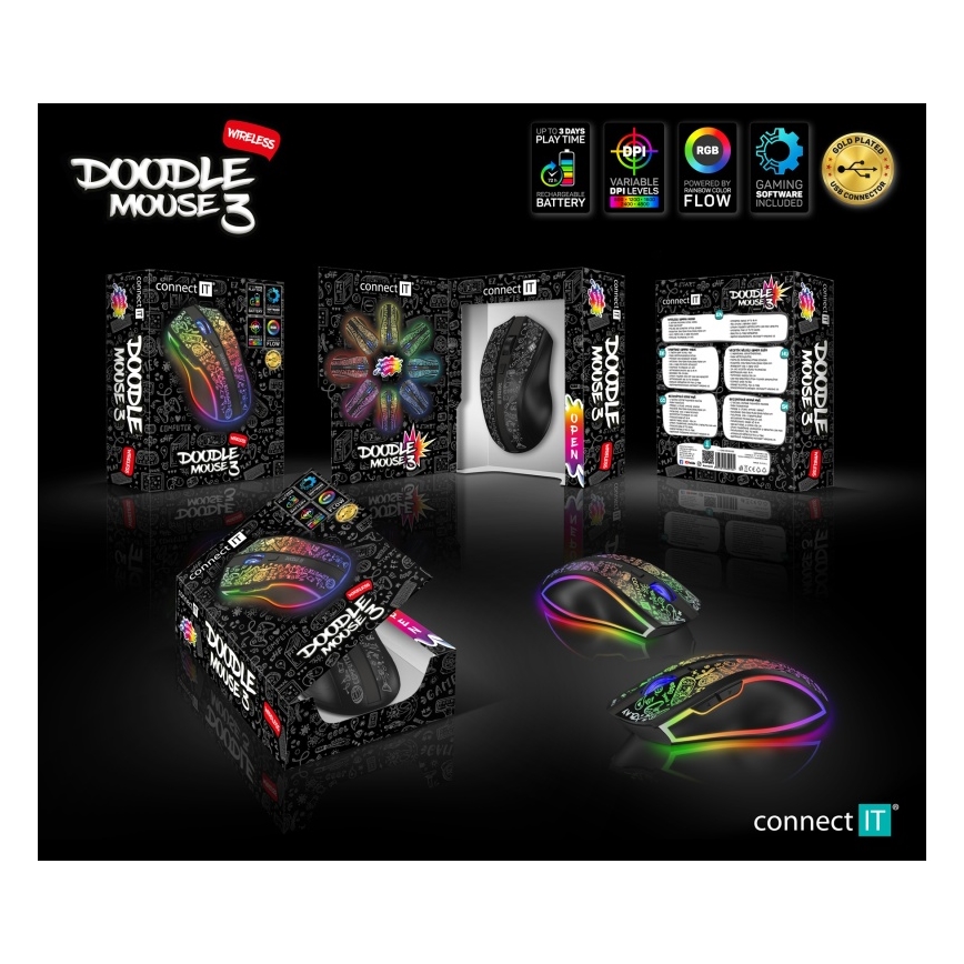 CONNECT IT CMO-3530-DD - LED RGB Juhtmevaba laetav mänguri hiir 800/1200/1600/2400/4800 DPI 600 mAh must