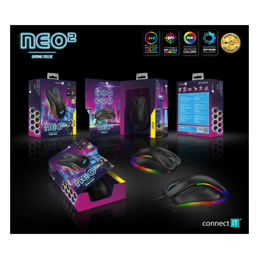 CONNECT IT CMO-3589-BK - LED RGB Juhtmega mänguri hiir 200-7200 DPI must