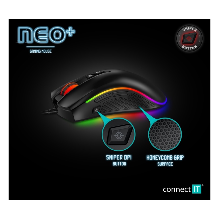CONNECT IT CMO-3591-BK - LED RGB Juhtmega mängurihiir 500-7200 DPI must
