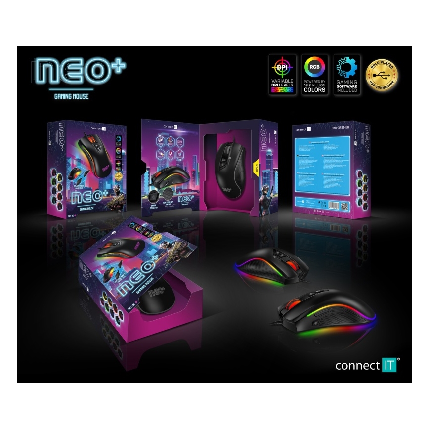 CONNECT IT CMO-3591-BK - LED RGB Juhtmega mängurihiir 500-7200 DPI must